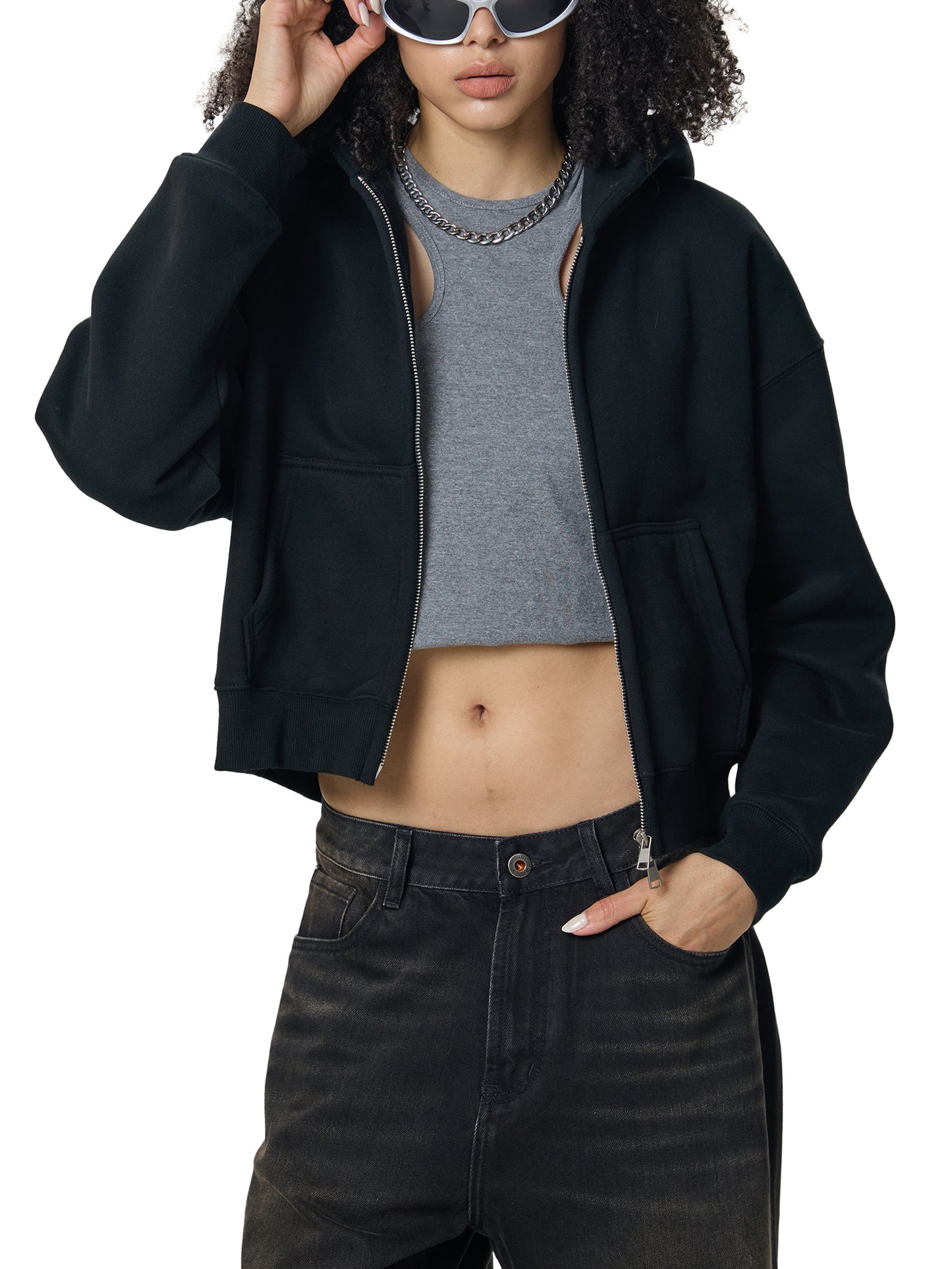 Womens Fleeced Zip-Up Cropped Hoodie